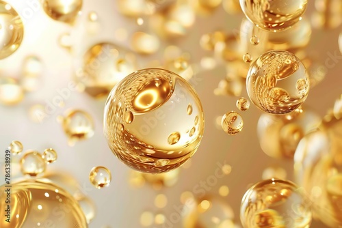 luxurious golden bubbles of oil or collagen serum 3d cosmetic product render