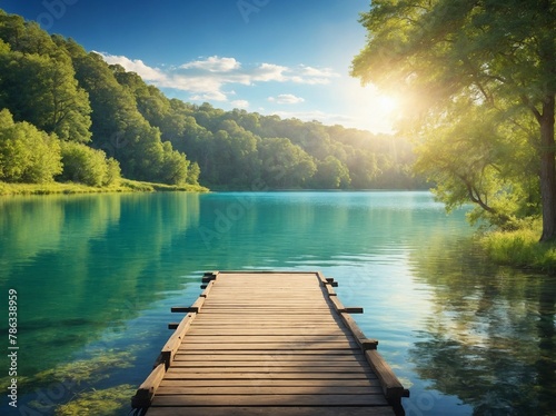 Serene lake, surrounded by lush greenery, reflects clear blue sky above; wooden dock extends invitingly into calm waters. Sun casts its golden rays through leaves of tree.