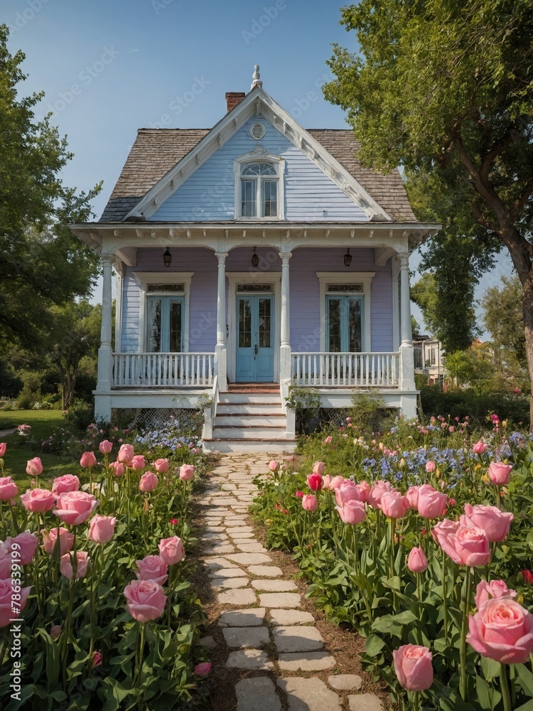 Quaint, lavender-colored house with steep, blue roof nestled amidst lush garden blooming with vibrant pink tulips, assorted flowers. House exudes air of vintage elegance.