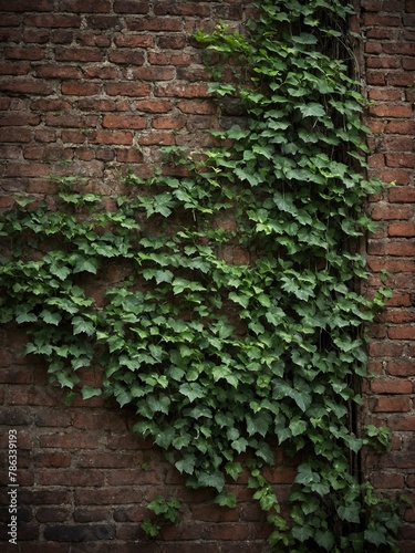 Vibrant display of natures resilience evident in image  with lush green ivy plant growing against textured  aged brick wall. Wall  showing signs of wear  age.