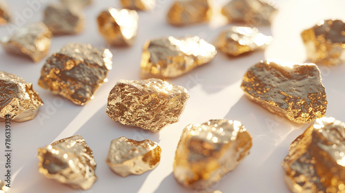 Shimmering gold nuggets on a white background