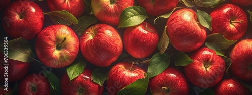 Red apples background, top view of red apple fruits with green leaves on dark backdrop, banner for fresh organic fruit and vegetable market or food store © Photo And Art Panda