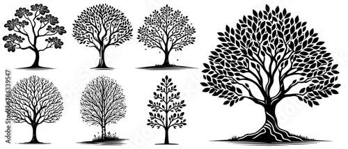 tree decoration set, plant heart ornamen black silhouette vector, shape print, monochrome clipart illustration, laser cutting engraving nocolor photo