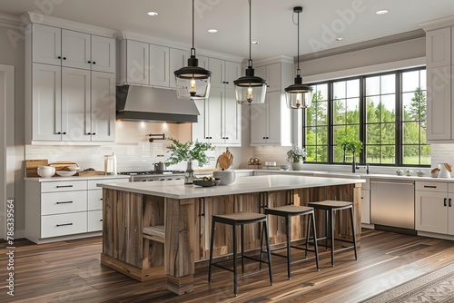 luxurious modern farmhouse kitchen interior with large island and pendant lights 3d rendering