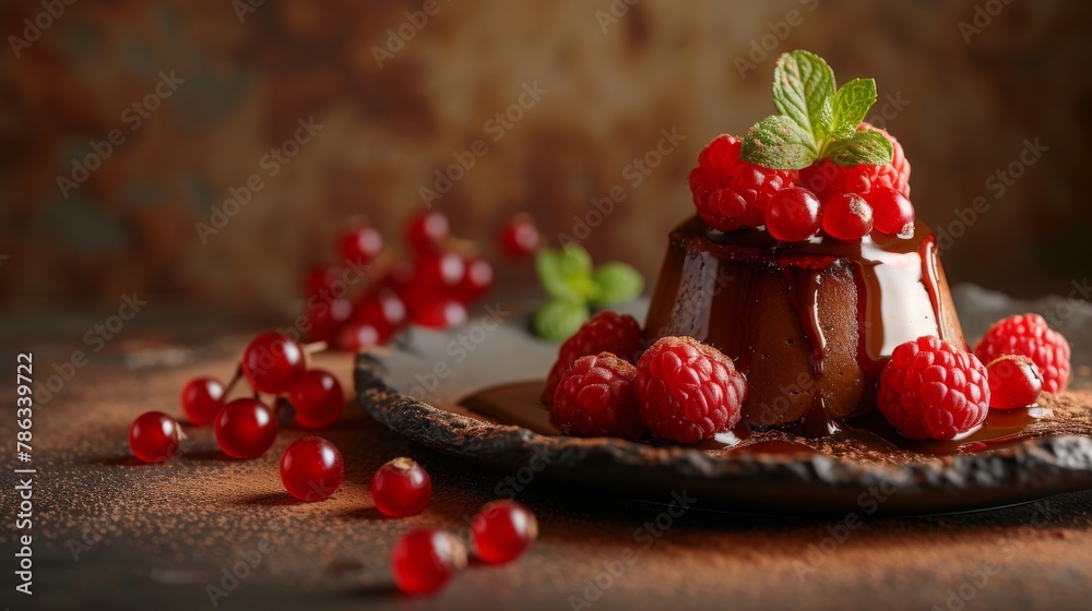 The pudding is positioned on the side and next to it there is an empty space with detailed realistic aesthetic effects