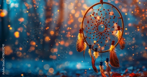dreamcatcher in the dark autumn forest with yellow lights in the background.