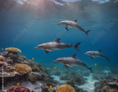 Graceful Dolphins Gliding Through a Vibrant Coral Reef Under the Clear Blue Sea © ElseThen
