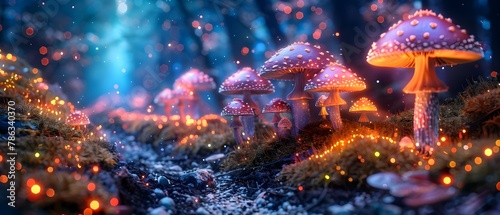 Enchanted Glow: A Mesmerizing Mycological Journey. Concept Fungi Forests, Bioluminescent Mushrooms, Dreamy Woodlands, Magical Creatures