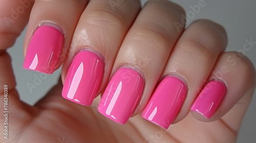 Detailed closeup of elegant woman s hand with stunning pink nail polish on fingernails