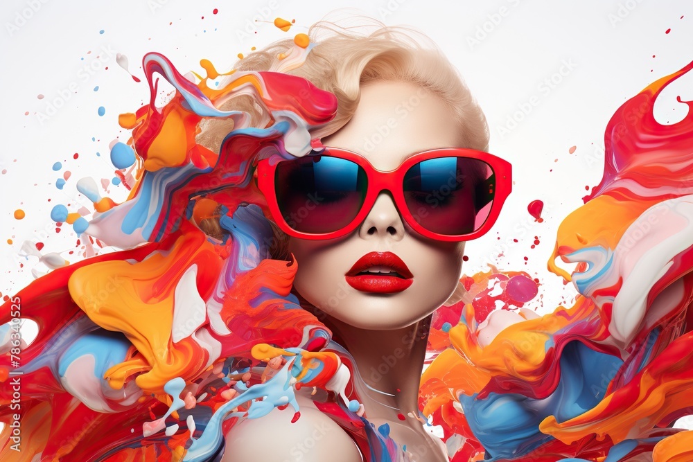 Fototapeta premium a woman wearing red sunglasses and a red pair of sunglasses with the word art on the bottom.