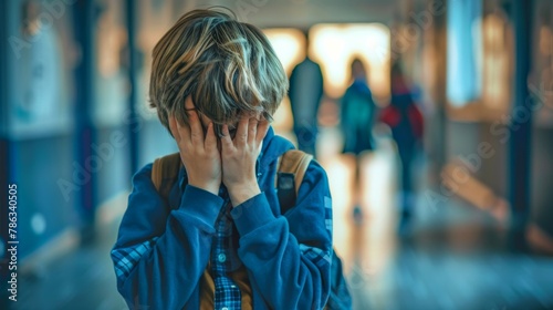 Bullying exclusion at school - Sad lonly teenager boy alone in the school hallway with his hands in front of his face photo
