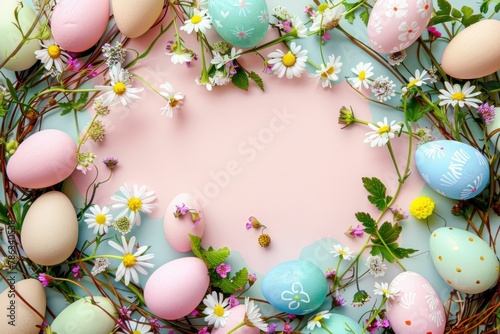 Colorful Easter Eggs and Daisies Wreath on Pink Background for Festive Spring Celebration Concept