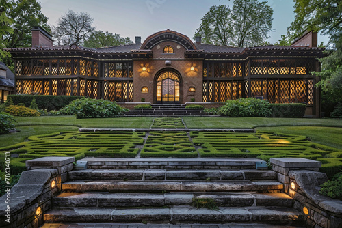A Craftsman-style manor with intricate lattice window frames, a sprawling front lawn, and a series of stone steps leading up to a grand arched entrance, set in an affluent neighborhood. photo