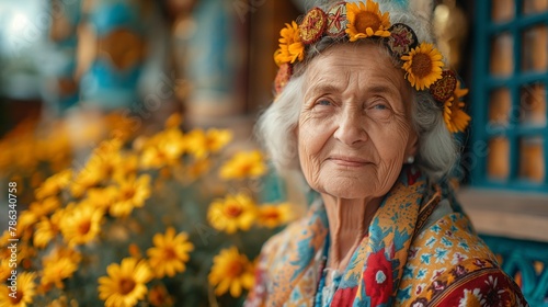 portrait of an elderly woman with orange flower wreath siting outside near the house with orange flowers in the background. 