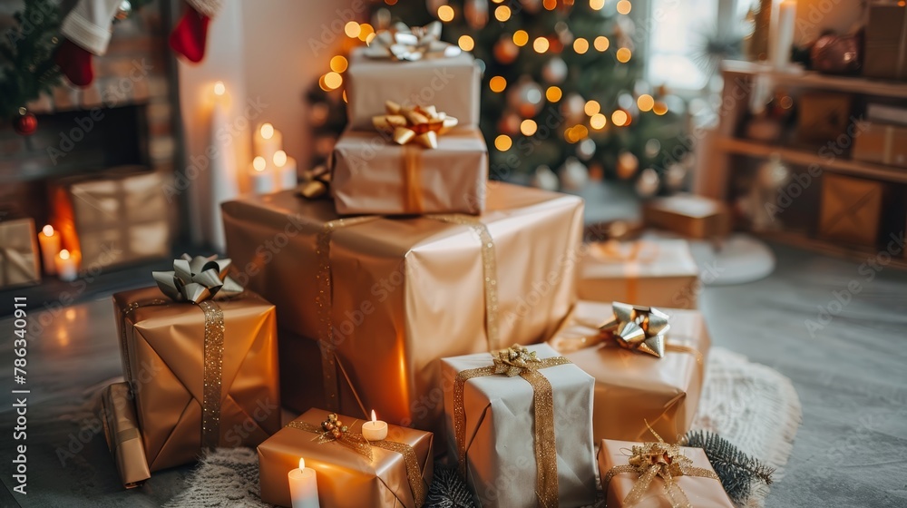 Christmas Interior of festive living room with fireplace. Christmas socks with gifts on fireplace in living room. Festive New Year magic background Christmas Interior of festive living room with fireplace. Christmas socks with gifts on fireplace in living room. Festive New Year magic background