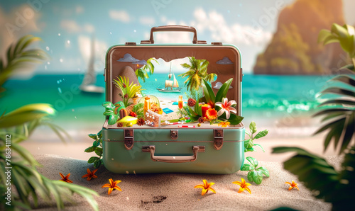 Whimsical Travel Concept: Suitcase Opens to Tropical Beach Scene Inside - Perfect for Vacation, Wanderlust or Getaway Promos