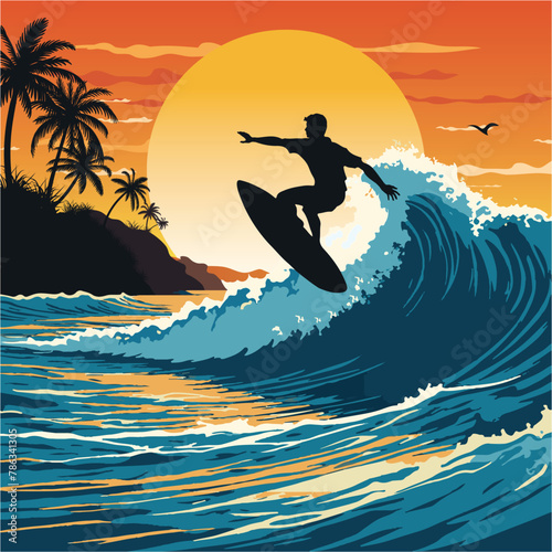 A vector depiction of a wave surfer's silhouette against the sunset, meticulously crafted with Adobe Illustrator for digital or print graphics. Capture the essence of adventure in your designs