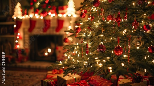 Christmas Interior of festive living room with fireplace. Christmas socks with gifts on fireplace in living room. Festive New Year magic background