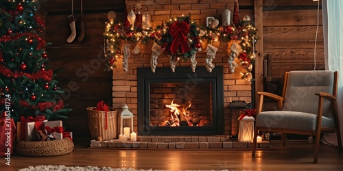 Christmas Interior of festive living room with fireplace. Christmas socks with gifts on fireplace in living room. Festive New Year magic background