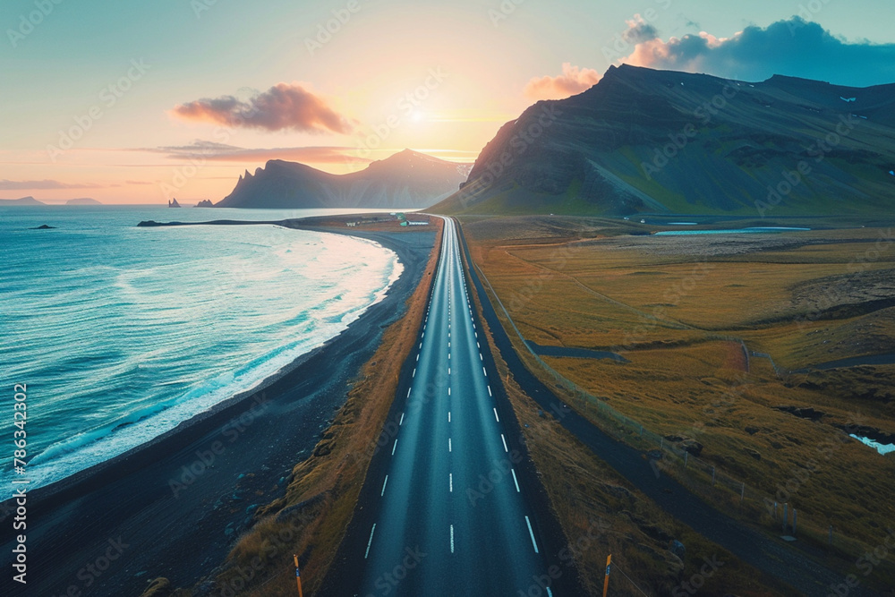 scenic road in Iceland, beautiful nature landscape aerial panorama, mountains and coast at sunset