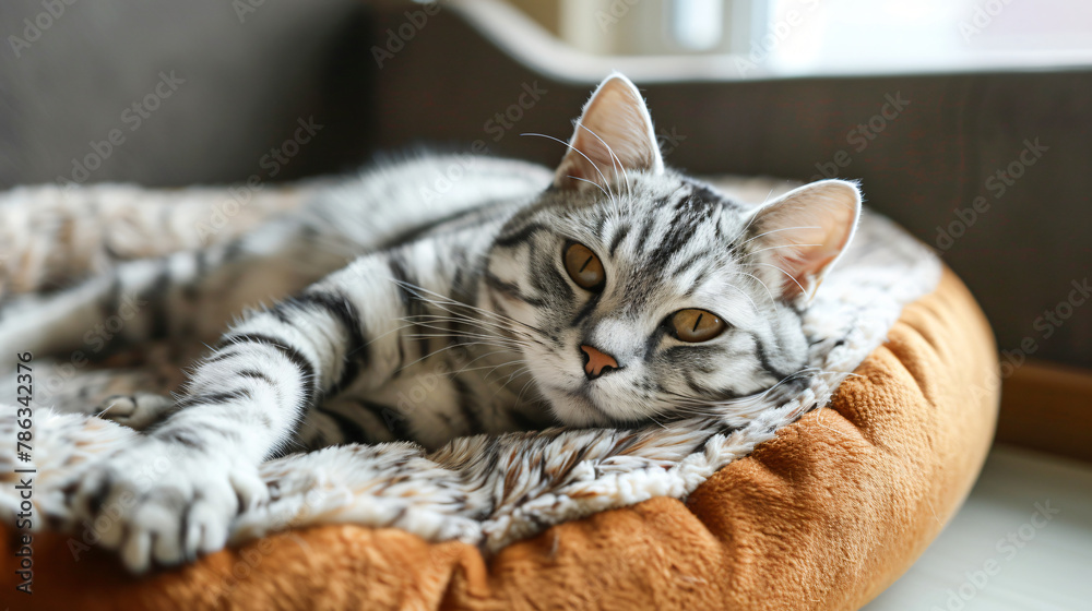 Cute cat lying on pet bed at home
