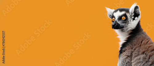 An attentive ring-tailed lemur with striking orange eyes stands out against an orange background, capturing the viewer's attention