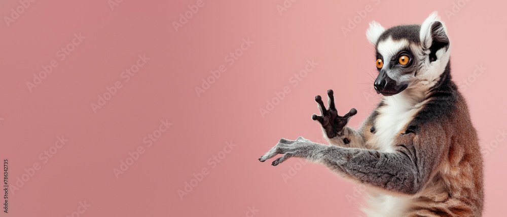 A ring-tailed lemur appears to be caught by surprise, playfully raising hands against a warm pink backdrop