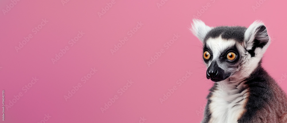 Obraz premium This curious ring-tailed lemur, tilting its head, stares intently on a beautiful pink background