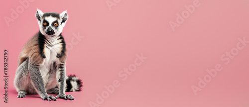 A serene ring-tailed lemur sits gracefully against a minimalist pink background, exuding a sense of calm