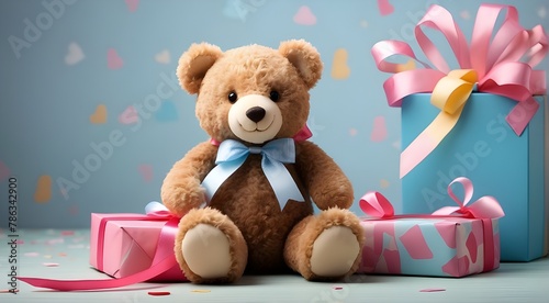 Adorable and charming teddy bear in a gift box and ribbon, perfect for a child's birthday, celebration, bedtime, or bed.