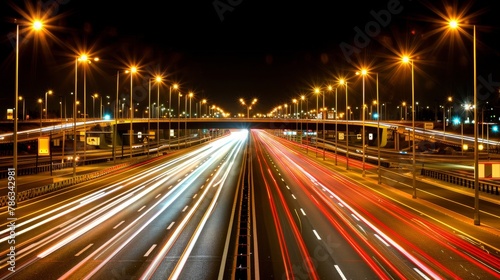 City night traffic blurred cars in fast motion on illuminated highway with light trails