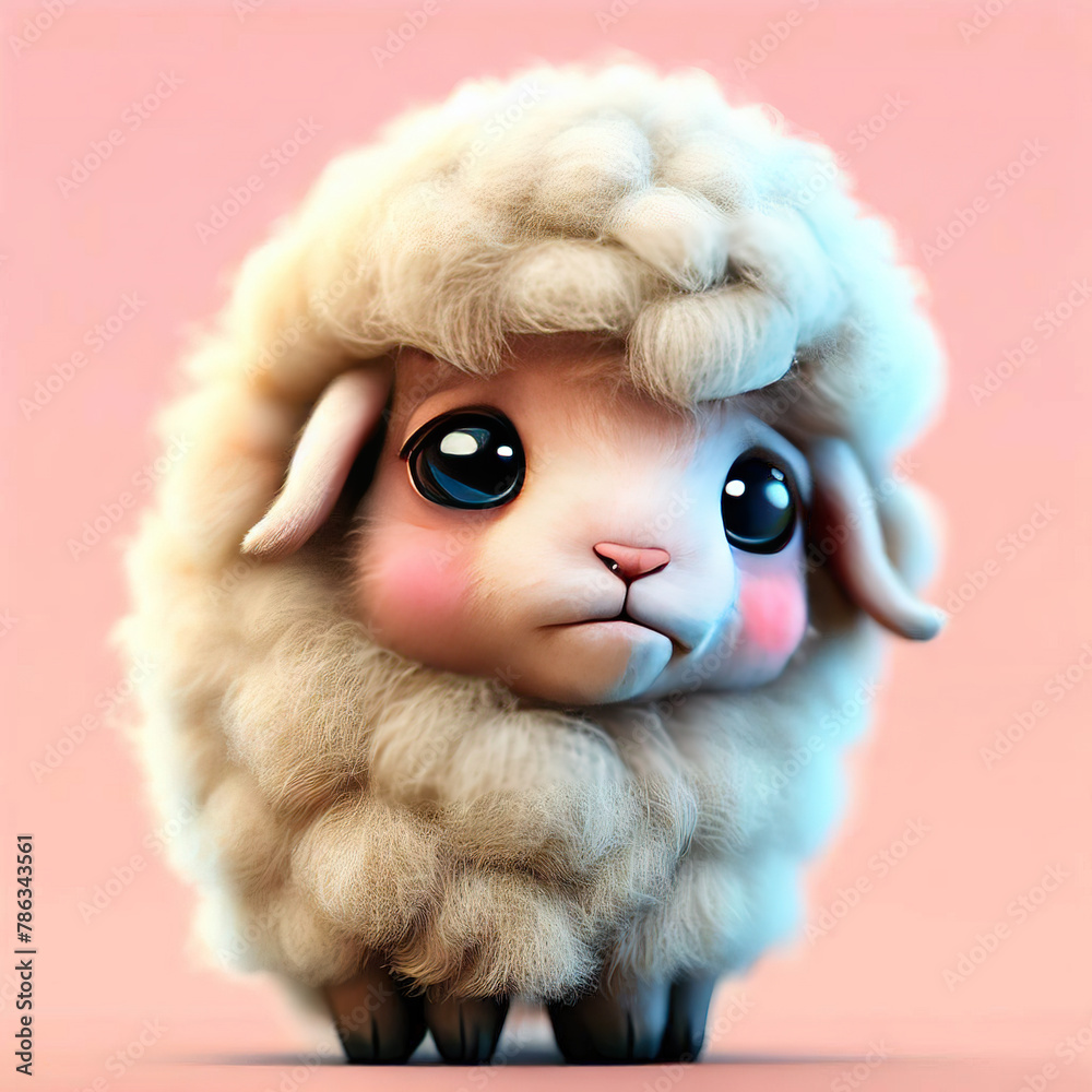 A sheep with fluffy fur is standing on a blue background..with Generative AI technology A sheep with fluffy fur is standing on a blue background..with Generative AI technology