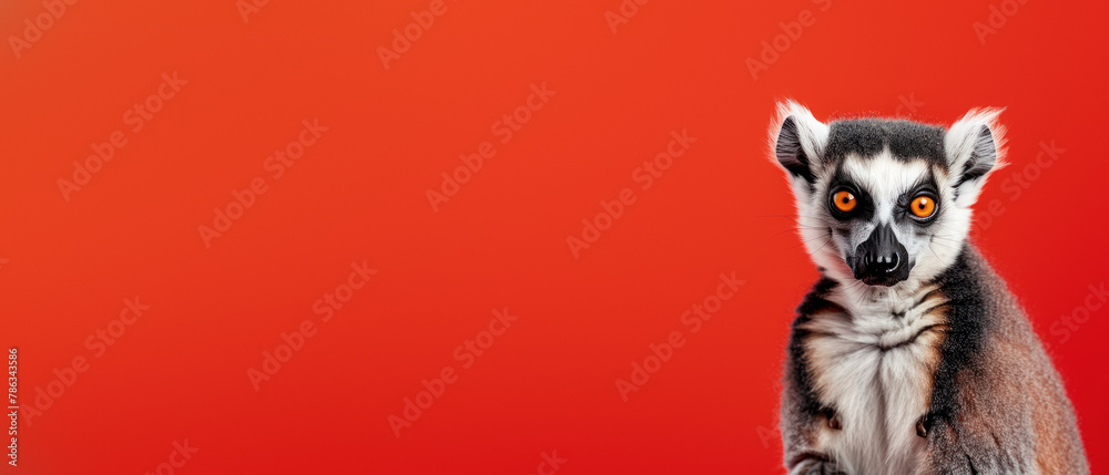 Vivid portrait of a focused lemur looking intently at the camera set against a dramatic red background