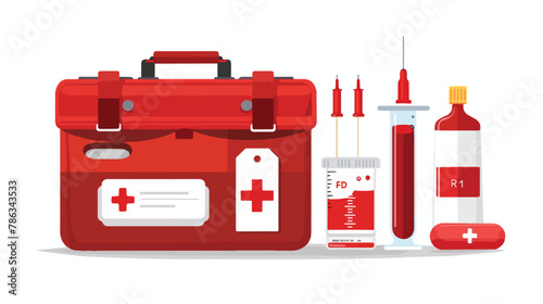 Red first aid kit and blood transfusion flat vector isolated