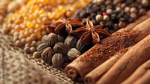 Close-up image showcases rich textures of diverse spices with cinnamon, star anise, and peppercorns on burlap, perfect for culinary and cultural articles, highlighting organic