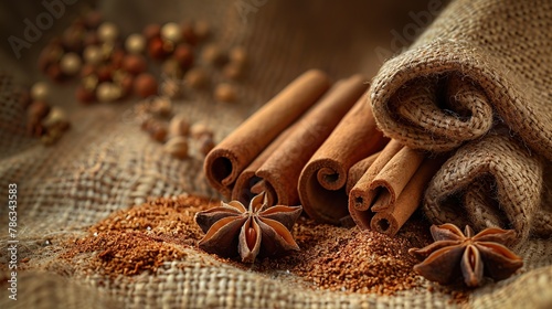 A cozy and warm image featuring cinnamon sticks, star anise, and nutmeg resting on burlap, evoking the essence of comfort food and the richness of spice markets, suited for culinary