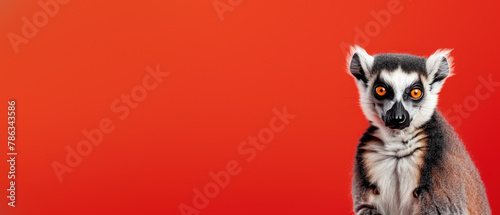 Vivid portrait of a focused lemur looking intently at the camera set against a dramatic red background