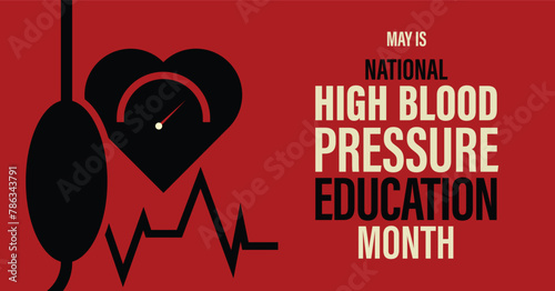 National high blood pressure education month banner. Red background vector design with gauge pump graphic element.