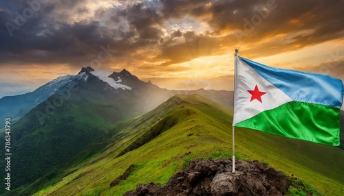 The Flag of Djibouti On The Mountain. photo