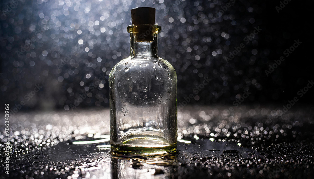 Close up of empty glass bottle on wet surface with dark background. Close up of empty glass bottle on wet surface with dark background.