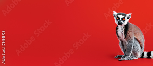 A striking image of a lemur with intense eyes on a contrasting red background, showcasing bold color and fauna