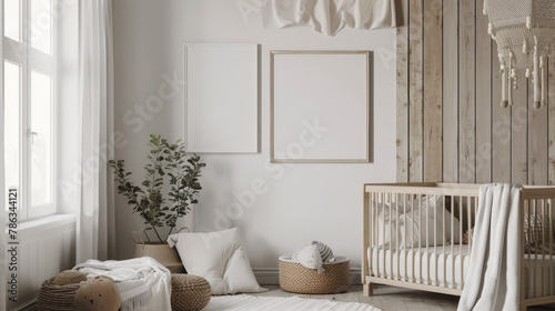 Cozy nursery interior with white blank posters on the wall. Mock up poster frame in children room
