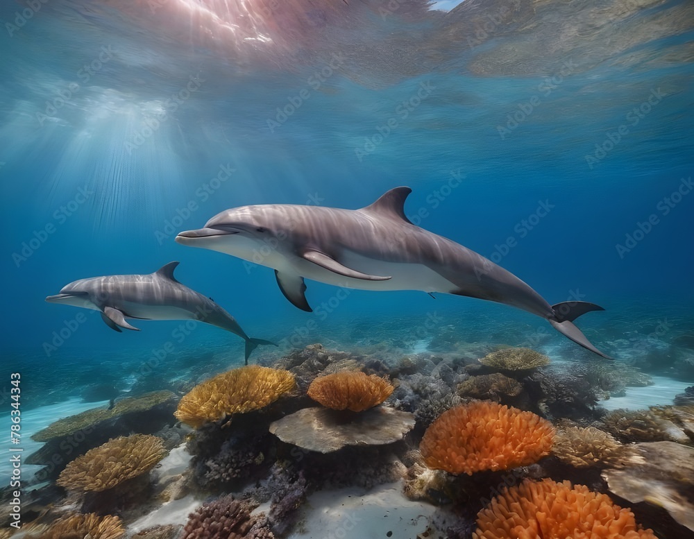 Graceful Dolphins Gliding Through a Vibrant Coral Reef Under the Clear Blue Sea Graceful Dolphins Gliding Through a Vibrant Coral Reef Under the Clear Blue Sea