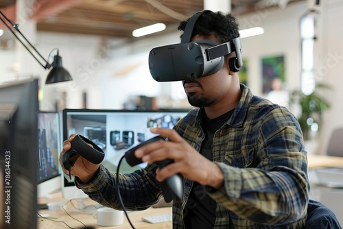 man using oculus vr headset to create immersive virtual product design prototype