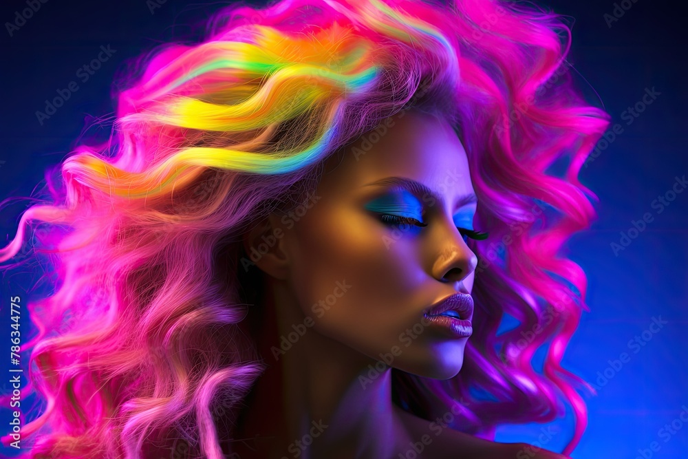 A woman with vibrant, bright hair adorned in neon makeup, showcasing a bold and colorful appearance. Generative AI