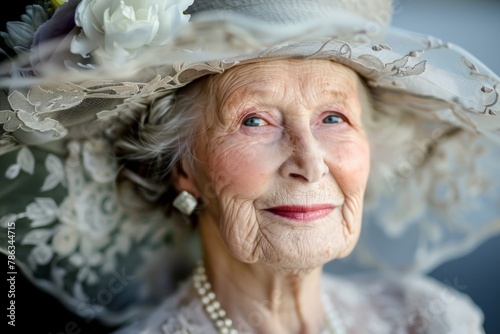 Attractive bright elderly woman in an elegant hat celebrating her centenary photo