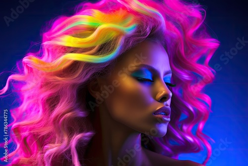 A woman with vibrant, bright hair adorned in neon makeup, showcasing a bold and colorful appearance. Generative AI