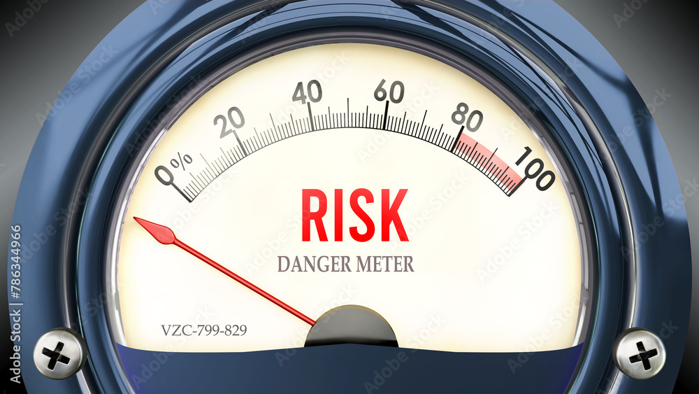 Risk and Danger Meter that hits less than zero, showing an extremely low level of risk, none of it, insufficient. Minimum value, below the norm. Lack of risk. ,3d illustration - obrazy, fototapety, plakaty 
