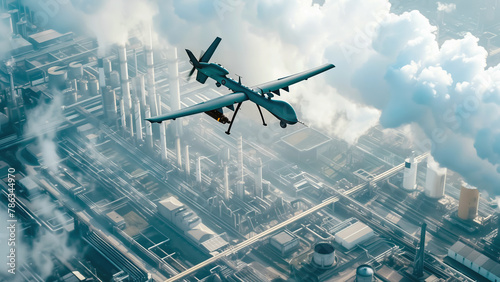A high-altitude view of an unmanned aerial vehicle soaring above a sprawling industrial complex with smokestacks.