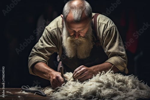A man with a long beard is focused on working on a piece of wool, carefully crafting and shaping it. Generative AI